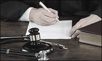 A judge at a desk with a gavel on it, writing a document