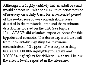 Although it is highly unlikely that an adult or child would contact soil with the maximum concentration of mercury on a daily basis for an extended period of time—because lower concentrations were detected in the residential area and the maximum detection is located on the LIA (see Figure 10)—ATSDR did calculate exposure doses for this hypothetical scenario. The doses expected to result from incidentally ingesting the maximum concentration (4.21 ppm) of mercury on a daily basis are 0.000006 mg/kg/day for adults and 0.000084 mg/kg/day for children—also well below the effects levels reported in the literature.