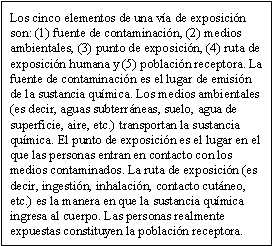 Los cinco elementos de una vía de exposición son: (1) fuente de contaminación, (2) medios ambientales, (3) punto de exposición, (4) ruta de exposición humana y (5) población receptora. La fuente de contaminación es el lugar de emisión de la sustancia química. Los medios ambientales (es decir, aguas subterráneas, suelo, agua de superficie, aire, etc.) transportan la sustancia química. El punto de exposición es el lugar en el que las personas entran en contacto con los medios contaminados. La ruta de exposición (es decir, ingestión, inhalación, contacto cutáneo, etc.) es la manera en que la sustancia química ingresa al cuerpo. Las personas realmente expuestas constituyen la población receptora.