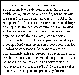 Existen cinco elementos en una vía de exposición: fuente de contaminación, medios ambientales, punto de exposición, forma en que los seres humanos están expuestos y población receptora. La fuente de contaminación es el lugar en el que se liberó el contaminante. Los medios ambientales (es decir, aguas subterráneas, suelo, agua de superficie, aire, etc.) transportan el contaminante. El punto de exposición es el lugar en el que los humanos entran en contacto con los medios contaminados. La manera en que el contaminante entra al cuerpo (es decir, ingestión, inhalación, contacto a través de la piel, etc.). Las personas realmente expuestas constituyen la población receptora. La ATSDR considera estos elementos en el pasado, presente y futuro.