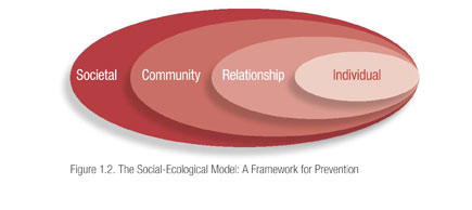 Figure titled “The Social Ecological Model: A Framework for Prevention.” One circle labeled Individual is encompassed by a larger circle labeled Relationship, which is encompassed by a larger circle labeled Community, which is encompassed by the largest circle labeled Societal.