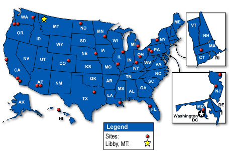 Figure 3: Map of 28 ATSDR priority sites out of 245 Libby vermiculite mining and processing sites