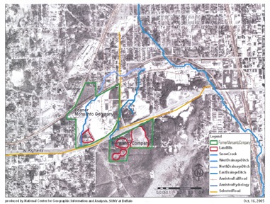 Satellite image of Anniston, Alabama, with the former PCB production facilities, landfills, and waterways indicated in color.