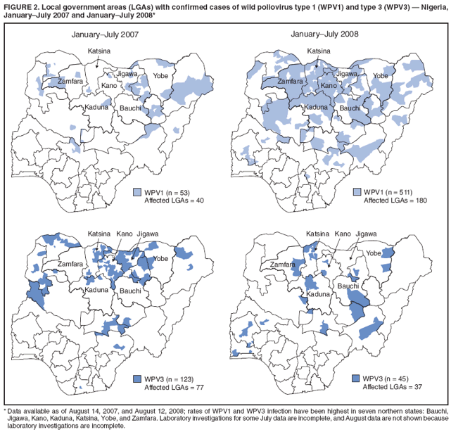 FIGURE 2. Local government areas (LGAs) with confirmed cases of wild poliovirus type 1 (WPV1) and type 3 (WPV3) — Nigeria,
January–July 2007 and January–July 2008*