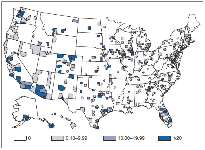 This figure is a map of the United States that presents the incidence range per 100,000 population of hepatitis A by county in 2009.