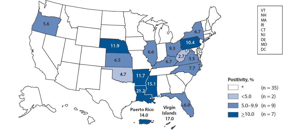 Figure B. Chlamydia—Positivity Among Women Aged 15–24 Years Tested in Prenatal Clinics, by State, Infertility Prevention Project, United States and Outlying Areas, 2010