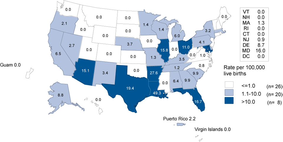 Figure DCongenital Syphilis — Infants — Rates by Year of Birth and State, United States and