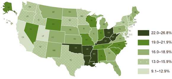 U.S. Map: Statistics taken from the 2010 Behavioral Risk Factor Surveillance System showing adult smoking prevalence by state