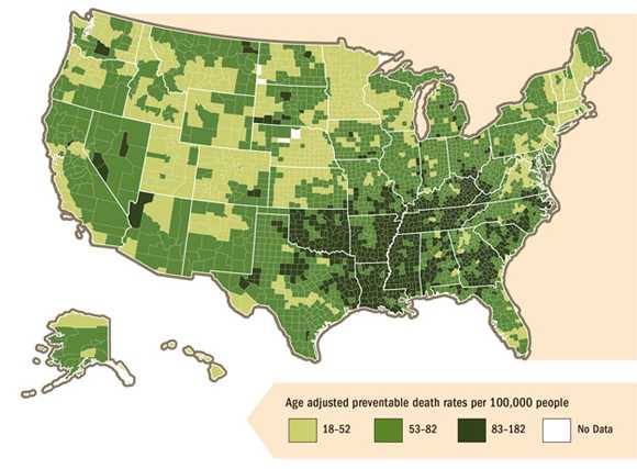 Counties in southern states have the greatest risk overall