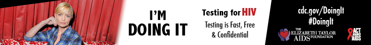 	Actress Jaime Pressly wearing blue plaid shirt and jeans sitting on red velvet couch looking directly into the camera. We’re Doing It. Testing for HIV. Testing is Fast, Free & Confidential. cdc.gov/DoingIt #DoingIt The Elizabeth Taylor Foundation, Act Against AIDS