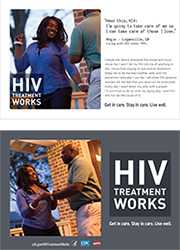 CDC Campaign palm card of Angie, a person living with HIV since 1995: 'Hear this, HIV: I’m going to take care of me so I can take care of those I love,' says Angie of Loganville, Georgia. 'I break into dance whenever the mood and music move me. I won’t let my HIV rob me of anything in life. I know that staying in care and on treatment helps me to be the best mother, wife, and HIV prevention educator I can be. I tell other HIV-positive women: All the fear that you have can be overcome. Every day I wash down my pills with a prayer. I’ll continue to do so until my dying day – and HIV will not be the cause of it.' HIV Treatment Works. Get in Care. Stay in Care. Live Well. Visit cdc.gov/HIVTreatmentWorks.