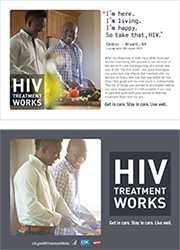CDC Campaign palm card of Cedric, a person living with HIV since 2013: 'I’m here. I’m living. I’m happy. So take that, HIV,' says Cedric of Bryant, Arkansas. 'After my diagnosis, it took me a while to accept the fact that being HIV-positive is not the end of the world: It’s just the beginning of a whole new way of life. The first meds I was prescribed gave me some bad side effects. But I worked with my doctors to find a new one that was better for me. Now I feel great and my viral count is undetectable. That list of things you wanted to accomplish before you were diagnosed? It's still possible, if you stay in care and work with your doctor to find the treatment that's best for you.' HIV Treatment Works. Get in Care. Stay in Care. Live Well. Visit cdc.gov/HIVTreatmentWorks.