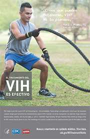 Afiche de la campaña de CDC: '¿Crees que puedes detenerme, VIH? Ni lo pienses,' dijo Yuri, de Miami, Florida. 'Me niego a permitir que el VIH se interponga en  mis actividades. Hasta tengo una aplicación móvil que me recuerda cuando tengo que tomarme los medicamentos para el VIH. Cuando no estoy trabajando, me ejercito, hago natación, levanto  pesas,  medito, me voy de viajes, y –oh sí – también hago karaoke. Sé que mientras más control yo tenga sobre el VIH, menos fuerza tiene el virus. Me mantengo en control cuando tomo los medicamentos para el VIH todos los días.' Busca y mantente en cuidado médico. Vive bien. Visita: cdc.gov/HIVTreatmentWorks.