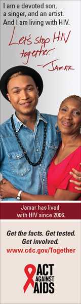 Let's Stop HIV Together Vertical Web Banner of Jamar and His Mother. www.cdc.gov/actagainstaids