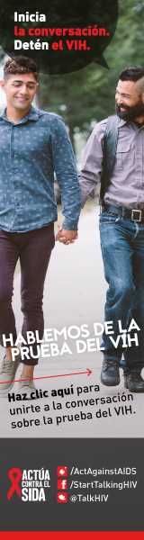 Inicia la conversación. Detén el VIH. Hablemos de la prueba del VIH. Haz clic aquí para unirte a la conversación sobre la prueba del VIH. Actúa contra el SIDA. Instagram/Act Against AIDS, Facebook/StartTalkingHIV, Twitter @TalkHIV