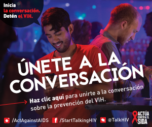 Dos hombres usando sus telŽfonos m—viles en un restaurante. Inicia la conversaci—n. DetŽn el VIH. Unete a la conversaci—n. Haz clic aqui para unirte a la conversaci—n sobre la prevenci—n del VIH. Instagram/Act Against AIDS, Facebook/StartTalkingHIV, Twitter @TalkHIV, Actœa Contra el SIDA.