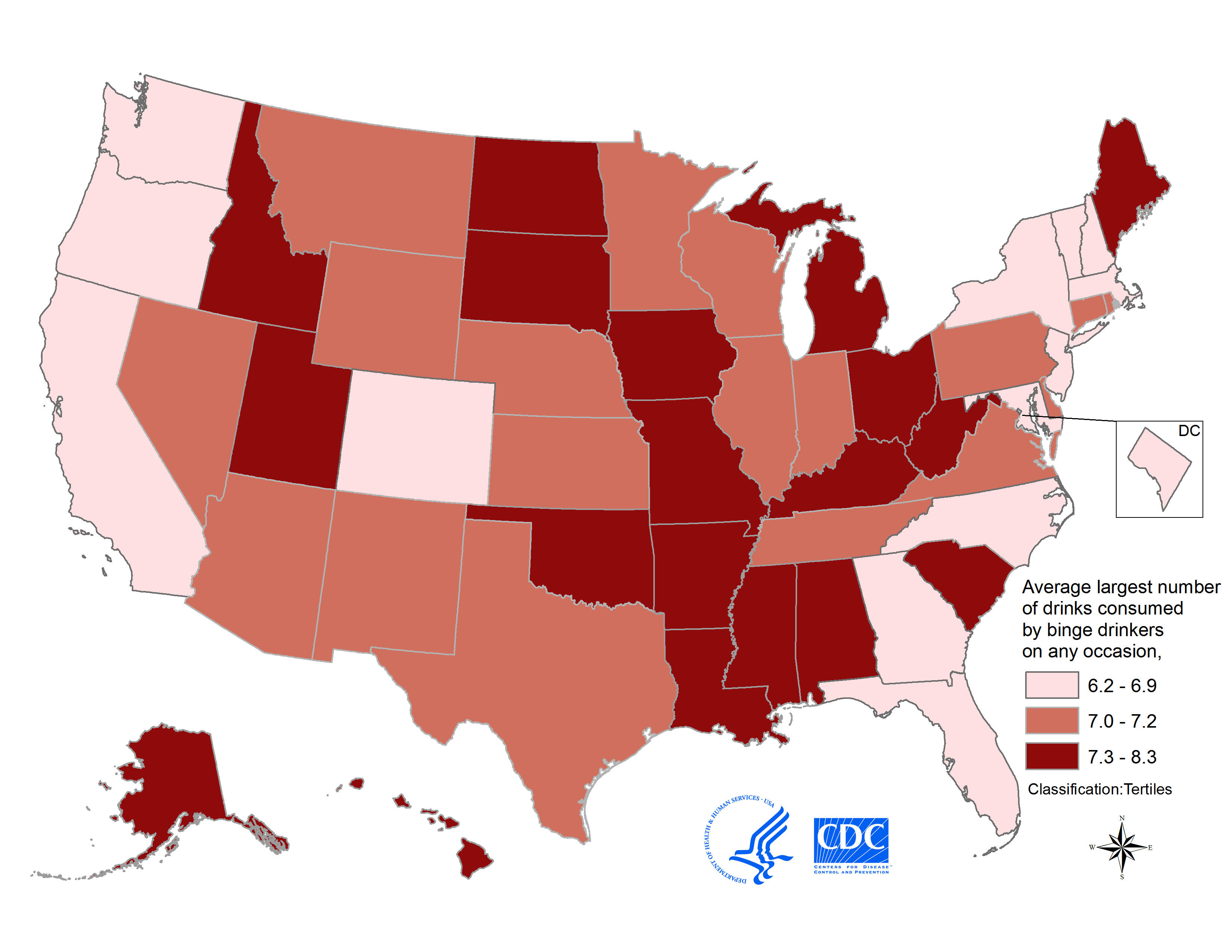 Intensity of binge drinking among adults, 2015. Link to description below.