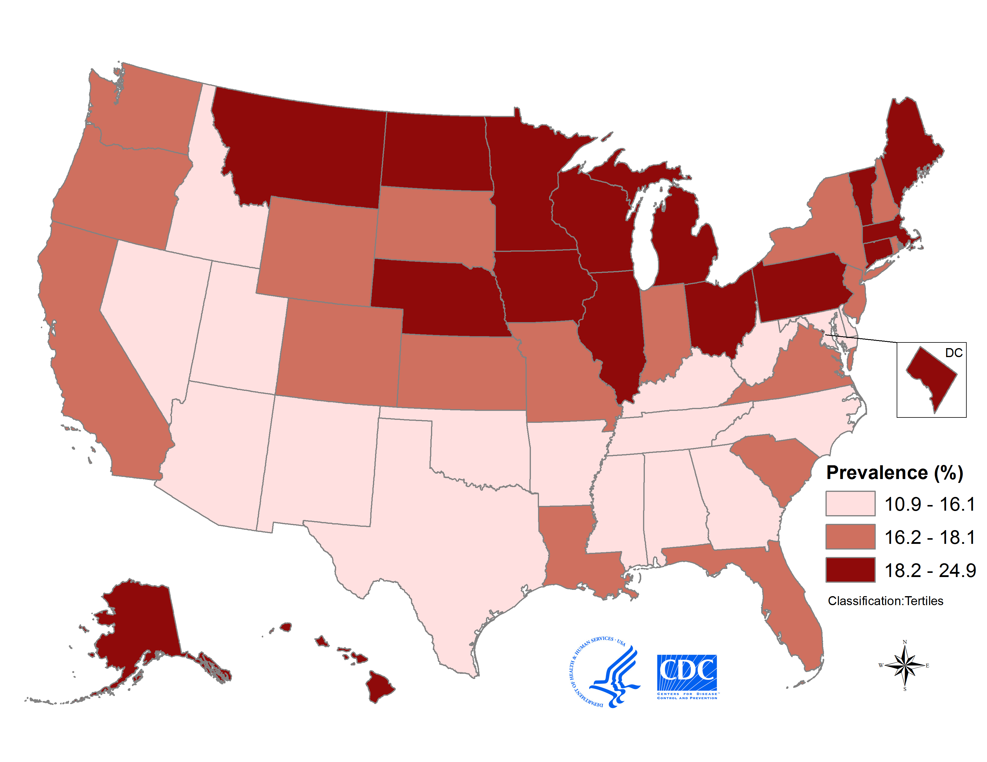 Percentage of binge drinking among adults, 2015. Link to description below.