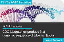 illustration of colorful DNA strand behind the text - CDC laboratories produce first genomic sequence of Liberian Ebola