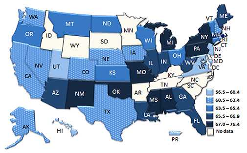 USA map showing Asthma Severity among Adults with Current Asthma