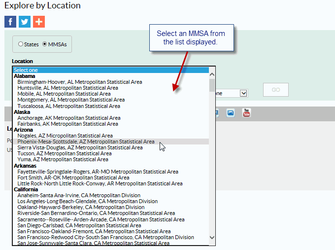 Screenshot of the BRFSS Prevalence and Trends Data Explore by Location page with MMSA list displayed. MMSAs appear in alphabetical order, grouped by state.