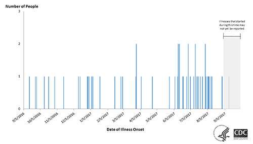 People with confirmed or probable Campylobacter infection linked to puppies, by date of illness onset.