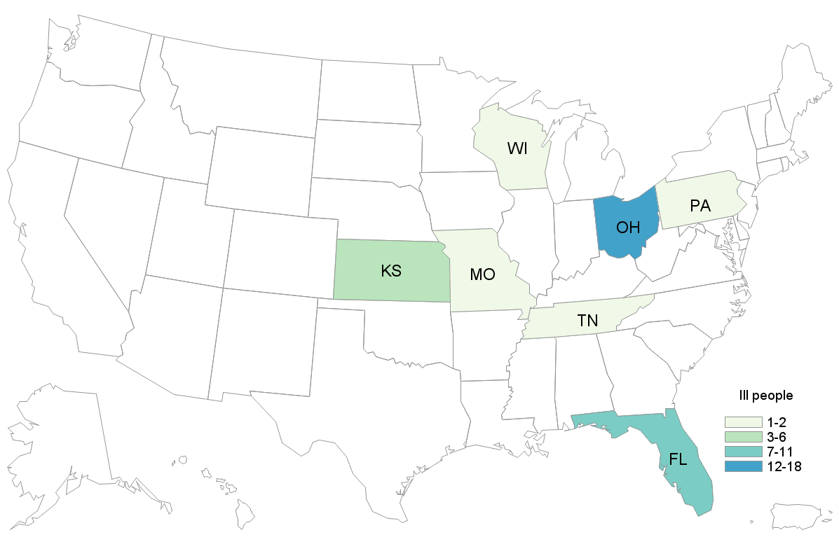 People with confirmed or probable Campylobacter infection linked to puppies, by state of residence, as of September 8, 2017 (n=39)