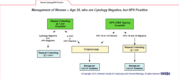 For women 30 years of age and older with HPV-positive but cytology-negative co-testing, repeat co-testing at 1 year is acceptable. At the 1-year repeat co-test, if the HPV test is positive or cytology is ASC-US or worse, colposcopy is recommended. If the 1-year repeat co-test result is HPV negative and cytology negative, repeat co-testing in 3 years is recommended. HPV genotyping is also acceptable. If HPV-16 or HPV-18 tests are positive, colposcopy is recommended. If HPV-16 and HPV-18 tests are negative, repeat co-testing in 1 year is recommended.