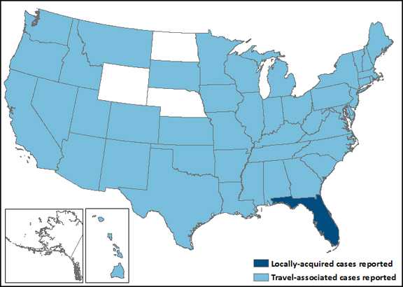 Map of the United States showing locally acquired cases of Chikungunya in Florida and travel-associated cases reported in Arizona, Arkansas, California, Connecticut, Florida, Georgia, Hawaii, Idaho, Illinois, Indiana, Kansas, Kentucky, Louisiana, Maine, Maryland, Massachusetts, Michigan, Minnesota, Mississippi, Missouri, Montana, Nebraska, Nevada, New Hampshire, New Jersey, New York, North Carolina, Ohio, Oklahoma, Oregon, Pennsylvania, Puerto Rico, Rhode Island, Tennessee, Texas, US Virgin Islands, Virginia, West Virginia, and Wisconsin