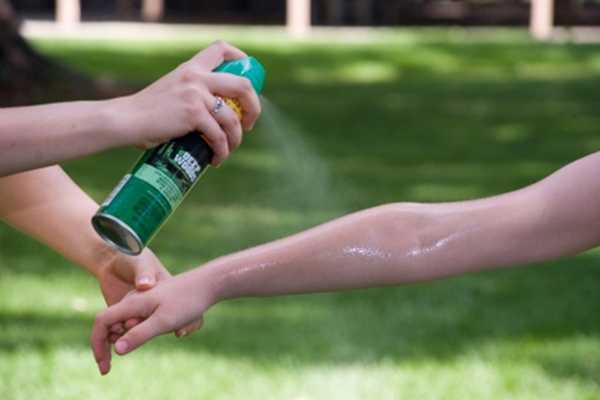 Person applying insect repellant on another person's arm