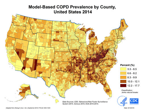 Map displaying model-based prevalence of chronic obstructive pulmonary disease (COPD), by county in the United States, 2014. Data sources for development of model included CDC’s Behavioral Risk Factor Surveillance System (2014), the U.S. Census (2010), and the American Community Survey (2010-2014). County COPD prevalence estimates ranged from 3.3% to 17.7%.