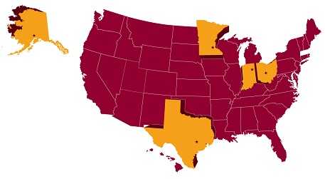 Map of the US, with Texas, Ohio, Indiana highlighted.