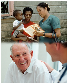 CHWs talking to a mother holding her son, and an elderly man.