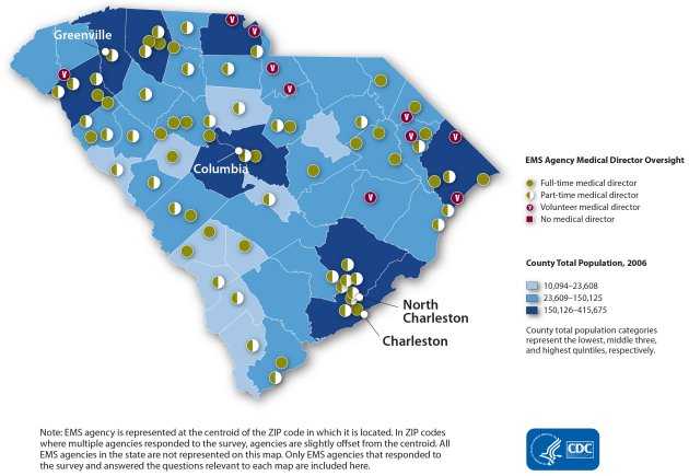 This map shows the distribution of type of medical director involvement by EMS agency. Each agency is represented by a point that reflects type of medical director involvement: full-time (n=26), part-time (n=39), volunteer (n=10) or absence of a medical director (n=0). Points are overlaid on county-level population size. In general, the spatial distribution of agencies by type of medical director shows a random pattern. Note: EMS agency is represented at the centroid of the zip code in which it is located. In zip codes where multiple agencies responded to the survey, agencies are slightly offset from the centroid. All EMS agencies in the state are not represented in this map. Only EMS agencies that responded to the survey and answered the questions relevant to each map are included here.