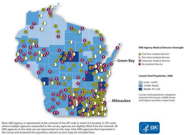 This map shows the distribution of type of medical director involvement by EMS agency. Each agency is represented by a point that reflects type of medical director involvement: full-time (n=89), part-time (n=52), volunteer (n=102) or absence of a medical director (n=0). Points are overlaid on county-level population size. In general, the spatial distribution of agencies by type of medical director involvement shows a random pattern. Note: EMS agency is represented at the centroid of the zip code in which it is located. In zip codes where multiple agencies responded to the survey, agencies are slightly offset from the centroid. All EMS agencies in the state are not represented in this map. Only EMS agencies that responded to the survey and answered the questions relevant to each map are included here.