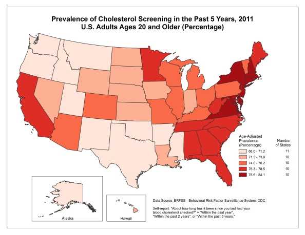 Cholesterol Screening 2011. Age-adjusted percent of adults ages 20 and older who have had their blood cholesterol checked within the last five years, by state. 68.0-71.2: Alaska, Arkansas, Idaho, Mississippi, Montana, New Mexico, Oklahoma, Oregon, Texas, Utah, and Washington; 71.3-73.9: Hawaii, Iowa, Indiana, Kansas, Louisiana, Nebraska, Nevada, North Dakota, South Dakota, and Wyoming; 74.0-76.2: Arizona, Colorado, Illinois, Kentucky, Michigan, Missouri, Ohio, Pennsylvania, Vermont and Wisconsin; 76.3-78.5: Alabama, California, Florida, Georgia, Maine, Minnesota, North Carolina, South Carolina, Tennessee, and West Virginia; 78.6-84.1: Connecticut, Delaware, District of Columbia, Maryland, Massachusetts, New Hampshire, New Jersey, New York, Rhode Island, and Virginia.