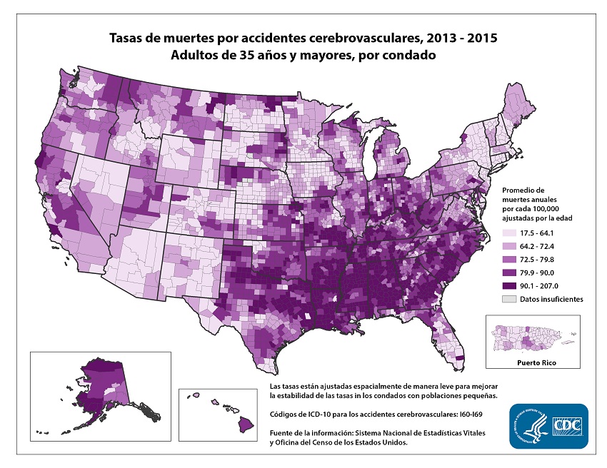 Edad ajustada por defunciones anuales por 100.000 entre adultos mayores de 35 años, por condado. Las tarifas varían de 17.5 a 207.0 por 100.000. El mapa muestra que las concentraciones de condados con las mayores tasas de mortalidad por accidente cerebrovascular, es decir, el quintil superior, se localizan principalmente en el sureste, con fuertes concentraciones de condados de alta tasa en Arkansas, Alabama, Louisiana, Mississippi y Texas.