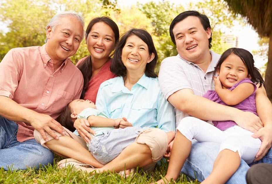 Large family sitting on grass