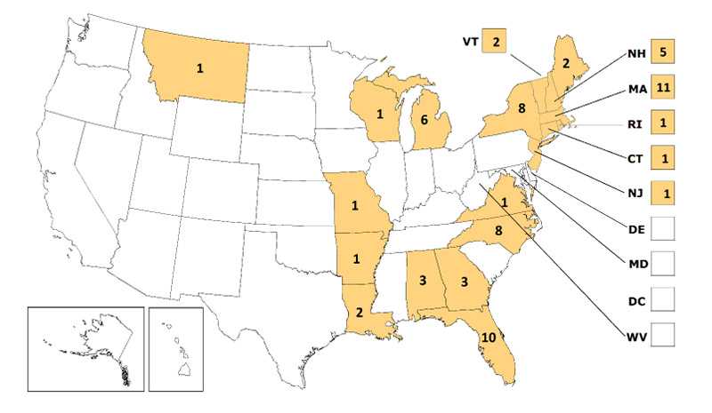 A map of the continental United States depicting Eastern Equine encephalitis Neuroinvasive Disease Cases reported by state, 2007 to 2016.