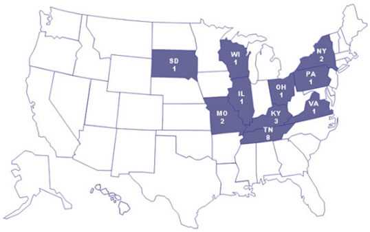 Map: Persons infected with the outbreak strain of <em>E. coli</em> O157:H7, by state of residence, as of October 31, 2007 (n=21)