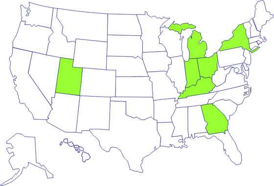 Map of Persons infected with the outbreak strain of E. coli O157:H7, by state of residence, as of July 18, 2008 (n=49)