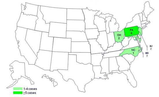 	Final Case Count Map: Persons infected with the outbreak strain of E. coli O157:H7, by state, as of March 22, 2011 (n=14)