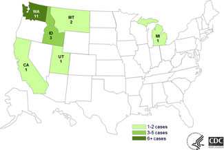 Map of Persons infected with the outbreak strain of E. coli O121, by state