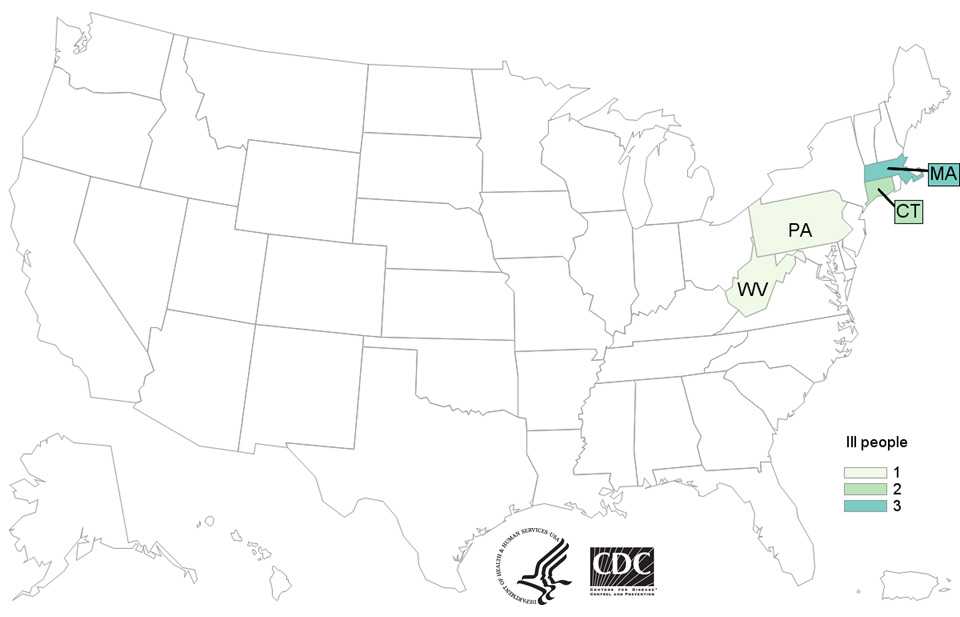 Case Count Map: People infected with the outbreak strain of E. coli O157:H7, by state of residence, as of September 22, 2016 (n=7)