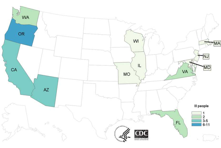 Case Count Map: People infected with the outbreak strain of E. coli O157:H7, by state of residence, as of May 2, 2017