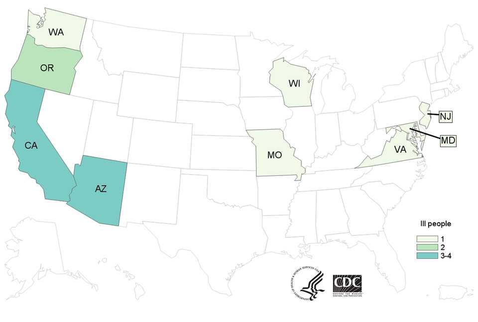 Case Count Map: People infected with the outbreak strain of E. coli O157:H7, by state of residence, as of March 7, 2017