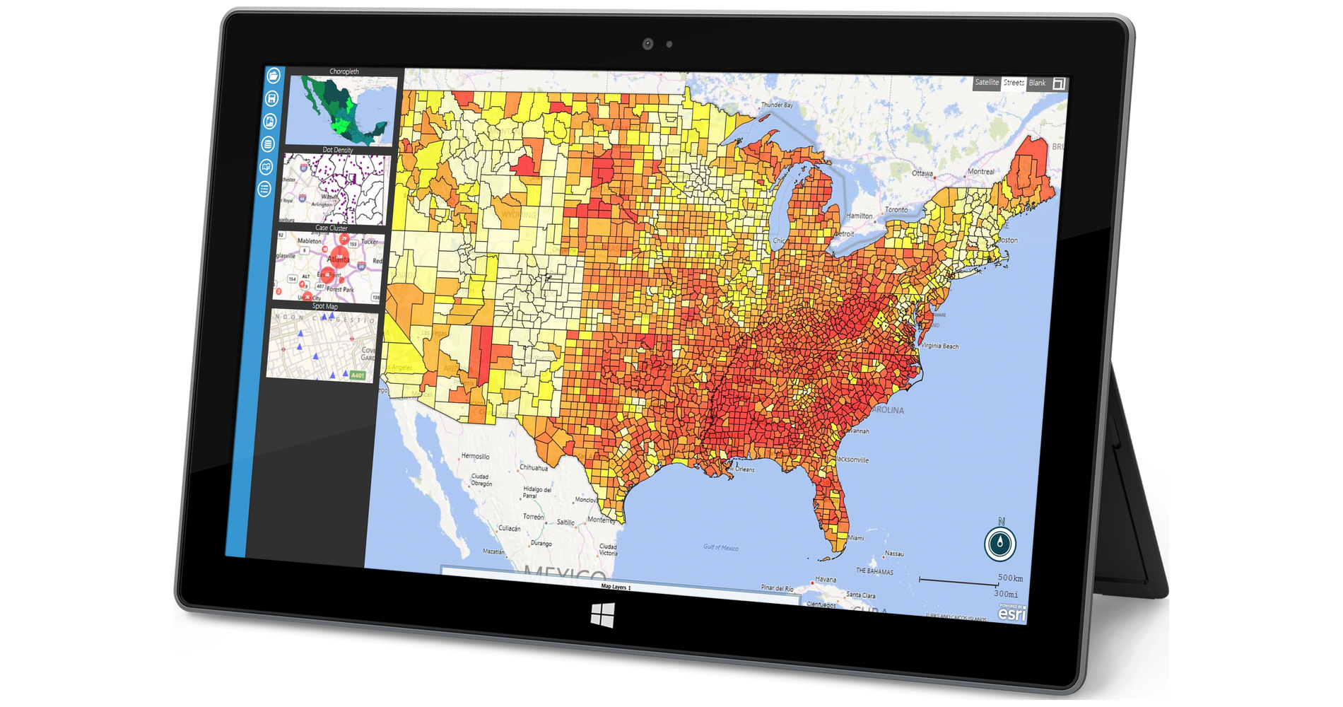 Módulo de mapa Epi Info™ mostrado em execução na superfície do Windows