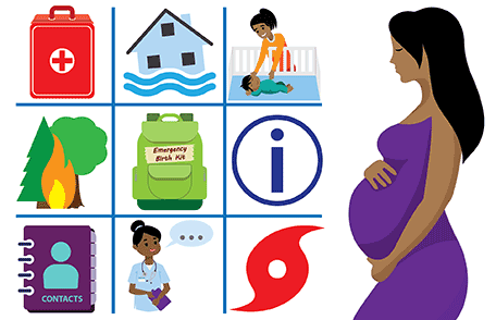 Illustration of pregnant woman with various preparation icons