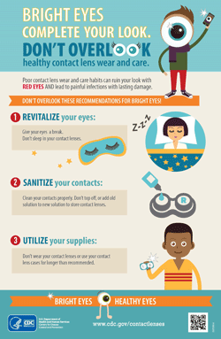 Graphic: Don’t let poor contact lens wear and habits ruin your look. Follow these recommendations for bright eyes!