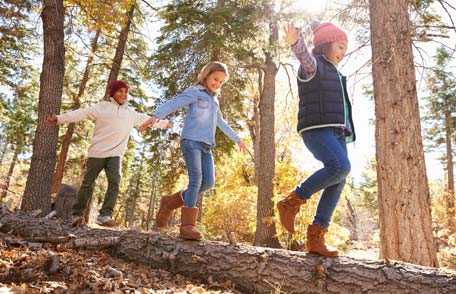 Children walking on log